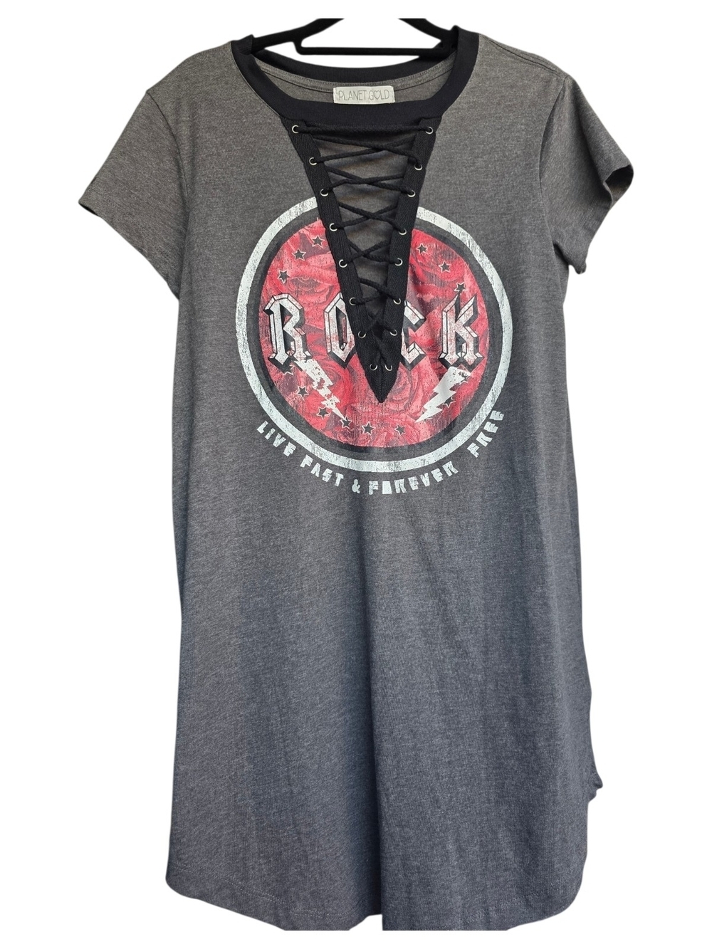 Planet Gold Charcoal Gray Lace-Up Rock Graphic Tee Dress with Red Emblem Med